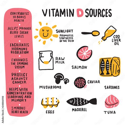 Vitamin D Benefits And Food Hand Drawn Infographic Poster Doodles