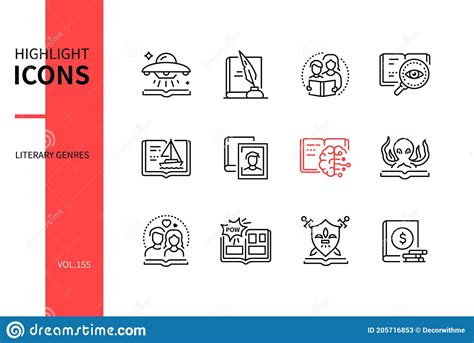 Literary Genres Line Design Style Icons Set Stock Illustration