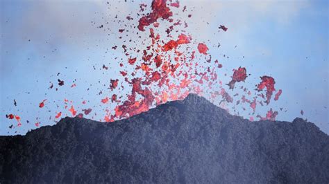 Volcano Eruption Slow Motion Close Up Of Exploding And Spewing Lava Of