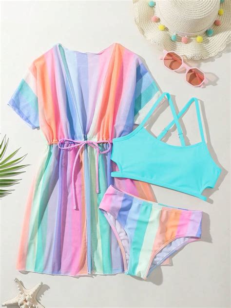 Conjunto de Maiô Bikini de Três Peças Separadas Moda para Garota Pré Adolescente Doce Verão