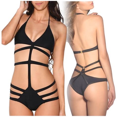 STRÓJ KĄPIELOWY KOSTIUM JEDNOCZĘŚCIOWY BIKINI CZARNY PASKI DO OPALANIA S Inna marka Moda