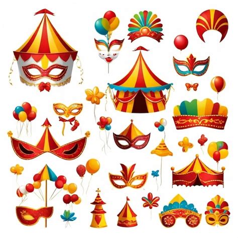 A Collection Of Various Colorful Carnival Items Including A Circus Tent
