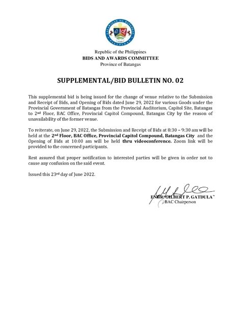 Supplemental Bid Bulletin No Official Website Of The Province Of