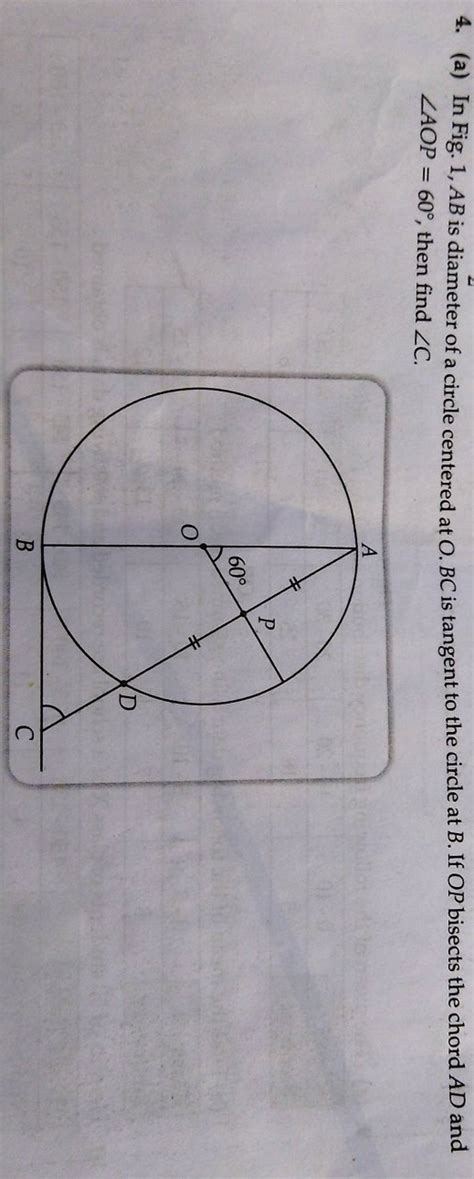 A In Fig Ab Is Diameter Of A Circle Centered At O Bc Is Tangent