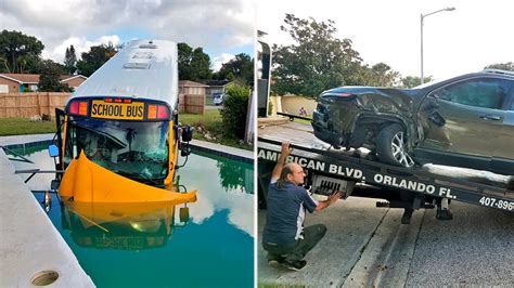 Florida School Bus Lands Nose First In Swimming Pool After Crash