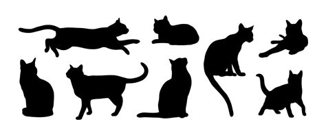 Black Cat Silhouette Abstract Set In Different Poses Sitting Standing