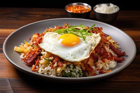 Plato Coreano De Arroz Frito Con Tocino Y Huevo Foto Premium