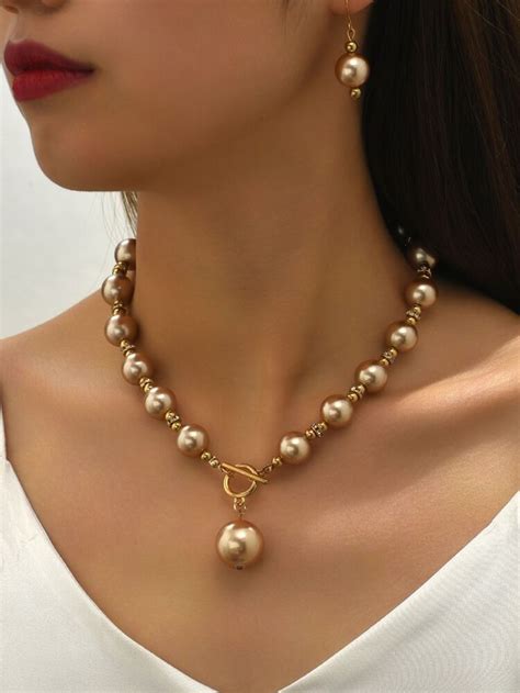 Faux Pearl Decor Necklace Drop Earrings Fancy Jewelry Necklace