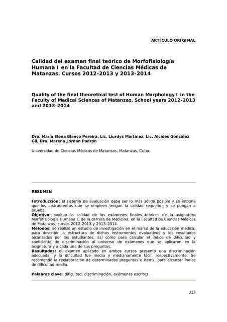 Calidad del Examen Final Teórico de Morfofisiología Humana I Ines