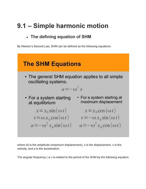 Topic 9 Notes 9 Simple Harmonic Motion The Defining Equation Of Shm By Newton’s Second Law