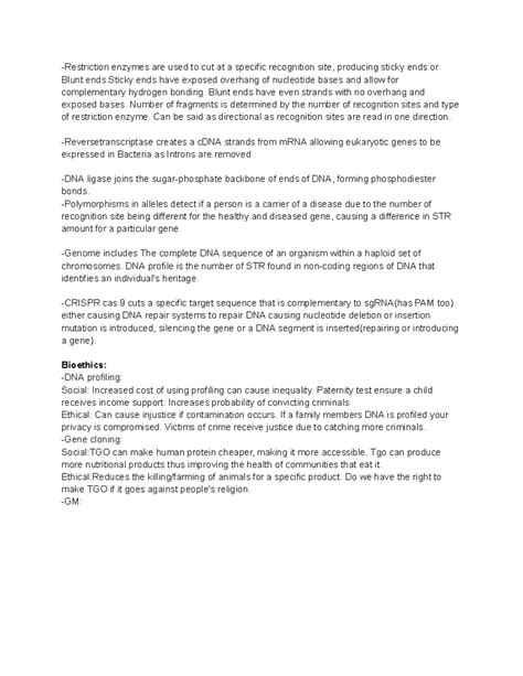 Biology Unit Sac Rev Key Points And Notes Restriction Enzymes