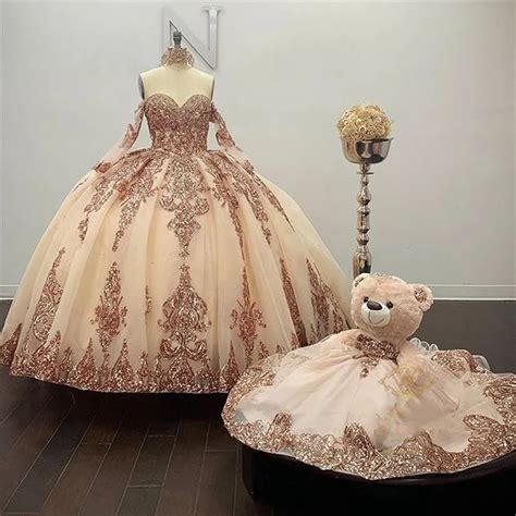 Robe De Bal Scintillante En Or Rose Robes De Quinceanera Manches