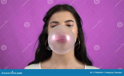 Portrait Girl Blowing Big Pink Bubble Gum Slow Motion Stock Footage Video Of Happy Closeup