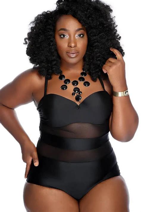 Sexy Black Mesh Cut Out One Piece Plus Size Swimsuit Amiclubwear