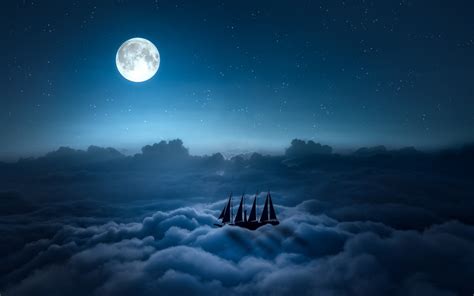 Wallpaper Ship Digital Art Night Sky Clouds Moon Moonlight Astronomy Cloud Darkness