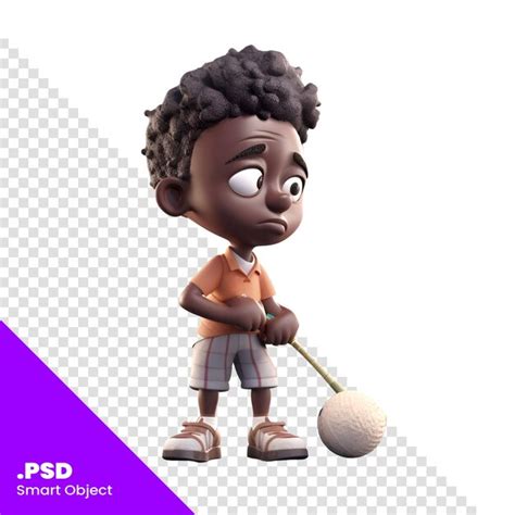 Representación 3d de un lindo niño afroamericano jugando golf aislado