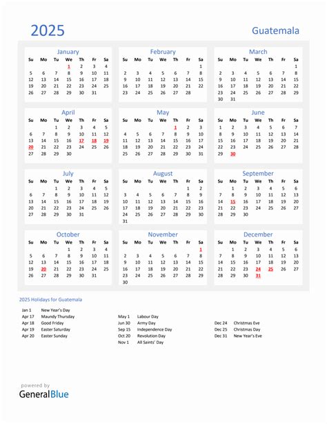 Basic Yearly Calendar With Holidays In Guatemala For 2025