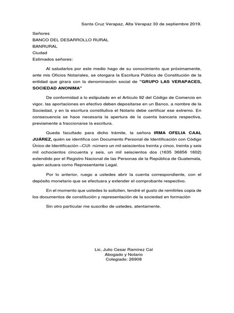 Carta De Apertura A Cuenta Bancaria Para Sa