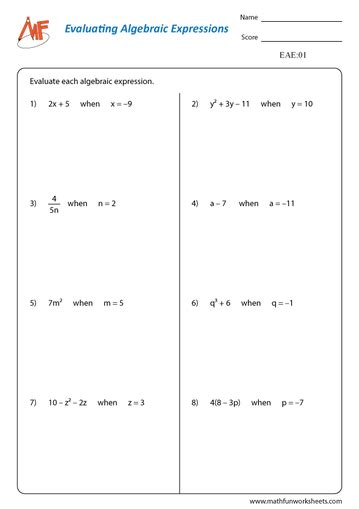 Algebraic Expression Grades 6 To 8 Math Fun Worksheets Worksheets