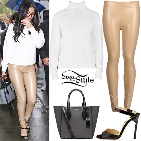 Selena Gomez White Sweater Beige Leather Pants Steal Her Style