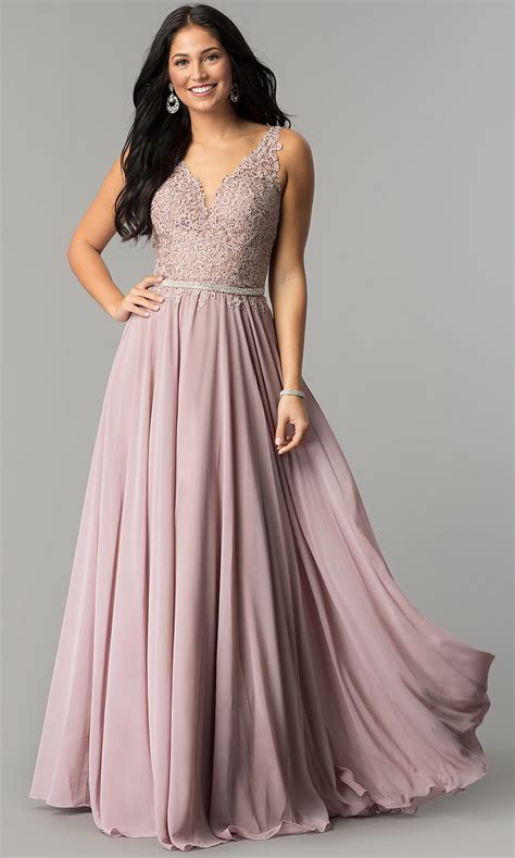 V Neck Lace Applique Long Chiffon Prom Dress Promgirl