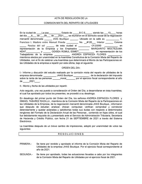 Acta Comision De Reparto Utilidades De Ptu Acta De ResoluciÓn De La Comision Mixta Del Reparto