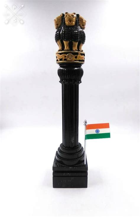 Black Golden Traditional Inch Ashoka Pillar On Base With Indian Flag