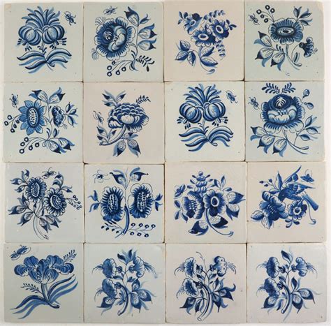 Antique Dutch Delft Wall Tiles With Large Flowers In Blue Regts