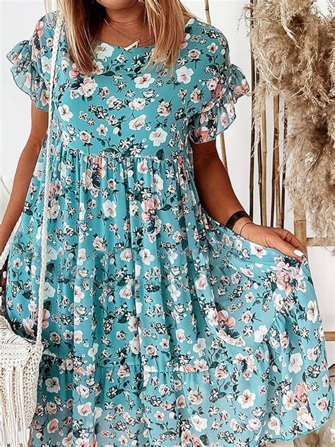 Temu｜plus Size Boho Dress Womens Plus Ditsy Floral Print Butterfly