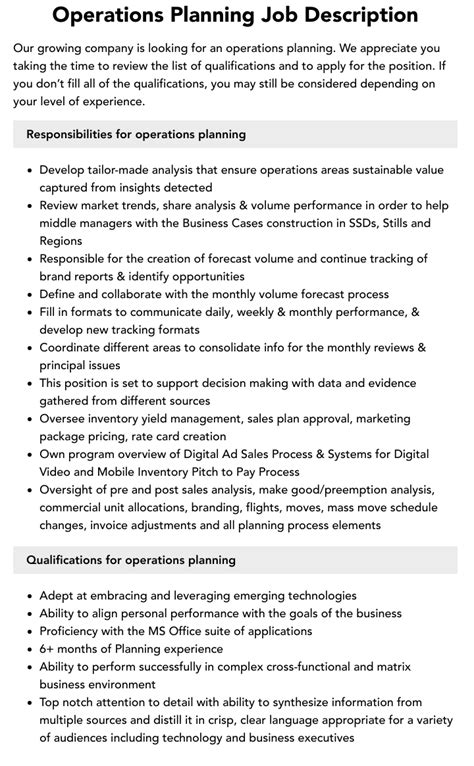 Operations Planning Job Description Velvet Jobs