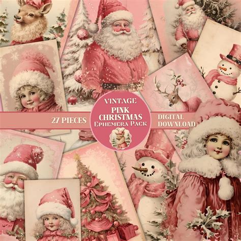 Pink Vintage Christmas Cards Printable Santa Claus Reindeer Xmas Tree