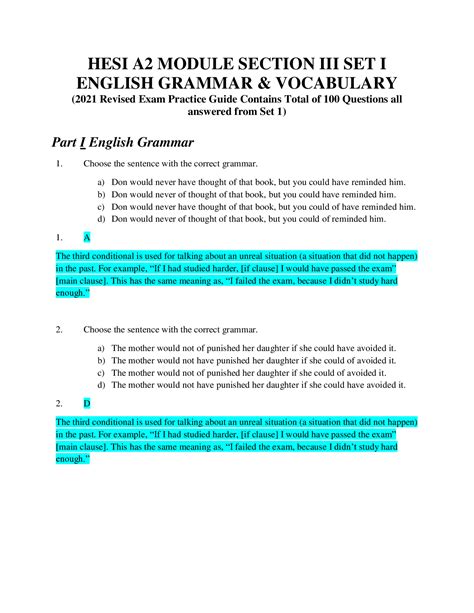 HESI A2 MODULE SECTION III SET I ENGLISH GRAMMAR VOCABULARY 2021