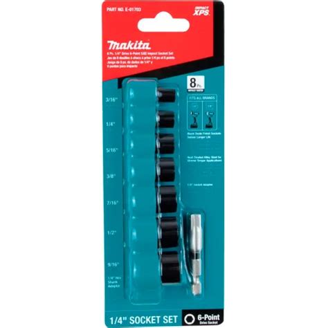 Makita® Impact Xps™ Impact Socket Set W Std Socket Adapter 8 Pc 14 Drive 6pt Sae