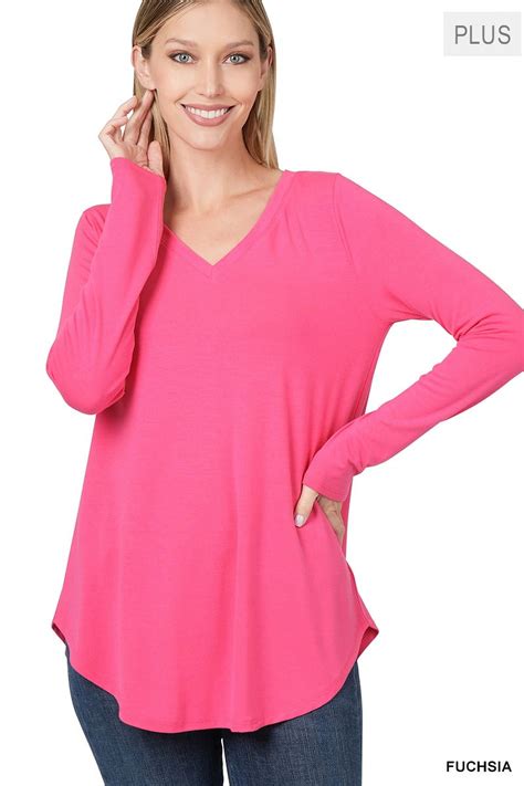 Zenana Plus Size Relaxed Fit Long Sleeve V Neck Round Hem Jersey Tee