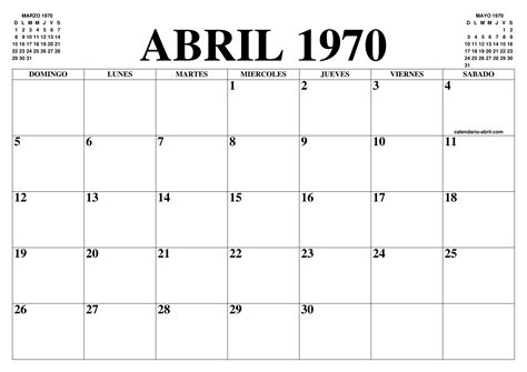 CALENDARIO ABRIL 1970 EL CALENDARIO ABRIL PARA IMPRIMIR GRATIS MES