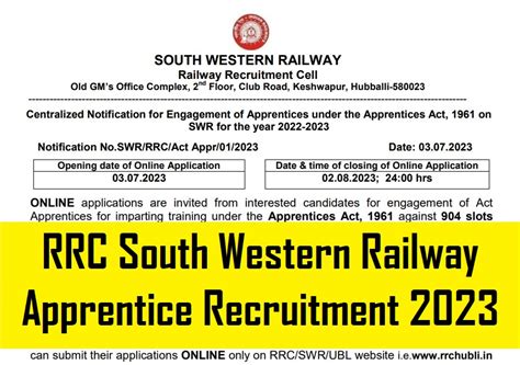 Rrc South Western Railway Apprentice Recruitment Apply Online For