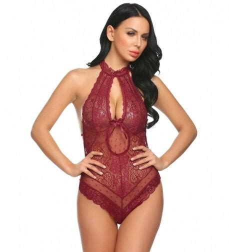 Women Lace Patchwork Sexy One Piece Teddy Babydoll Bodysuit Lingerie Wine Red CV180GTNQTA