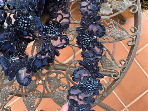 20 Inches Navy Blue Beaded Lace Appliqués Trim 6 Navy Blue Beaded