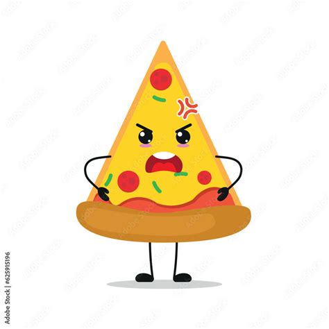 Cute Angry Pizza Character Funny Mad Pie Cartoon Emoticon In Flat