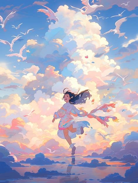 Premium Photo | Anime girl flying in the sky with birds flying around ...