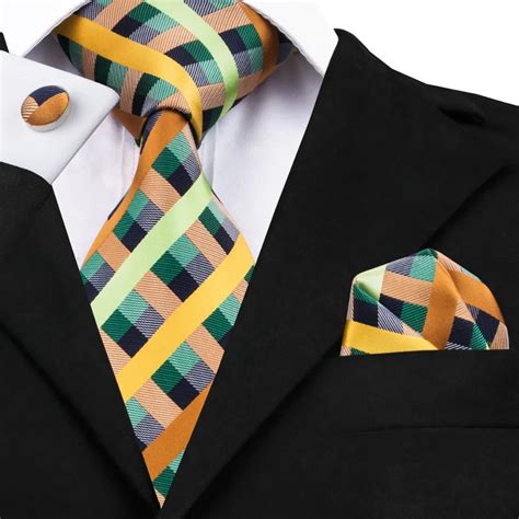 Sn 1063 Green Yellow Plaid Tie Hanky Cufflinks Sets Mens 100 Silk Ties For Men Formal Wedding