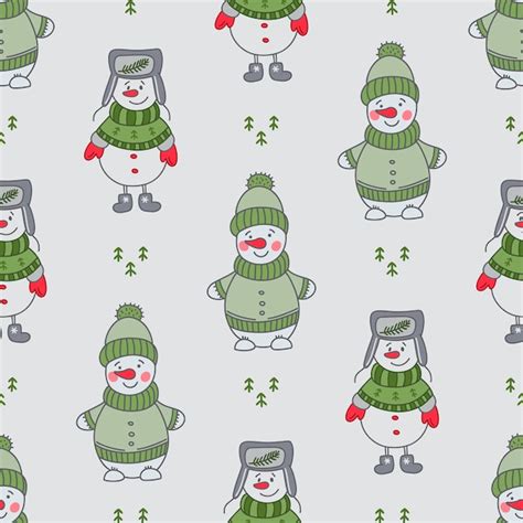 Premium Vector Seamless Pattern With Cute Snowmans In Hats Fir Trees