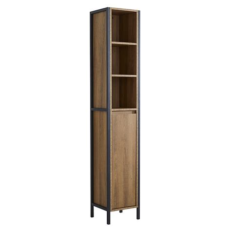 Milan Industrial Matt Black Framed Tall Bathroom Storage Unit Wood Effect