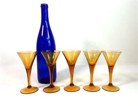 5 Vintage Amber Cordial Cocktail Or Dessert Wine Glasses Set Of 5 Barware Retro Amber