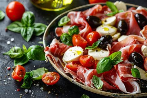 Salada Mozzarella De Tomate Azeitonas Prosciutto Folhas De