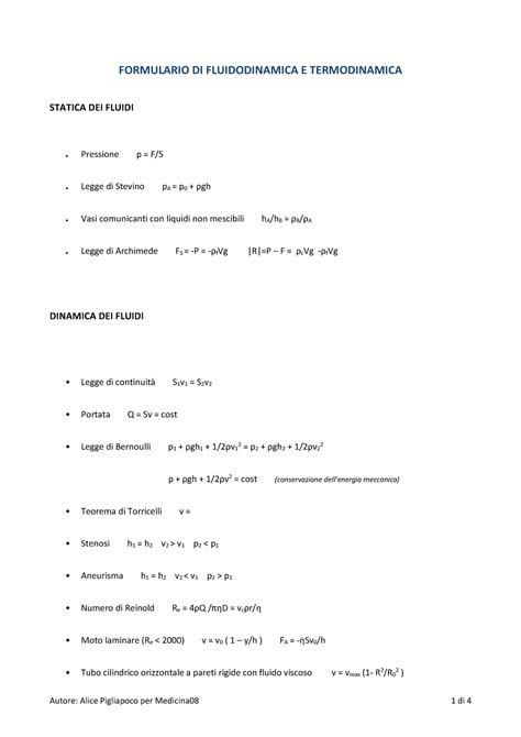 Formulario Di Fluidodinamica E Termodinamica Formulario Di