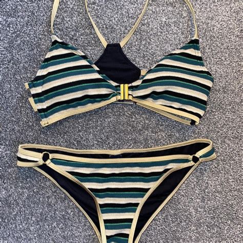 Striped Triangle Bikini Gold Green Blue Stripe Depop