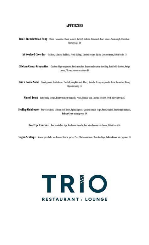 Menu at Trio restaurant, Sydney