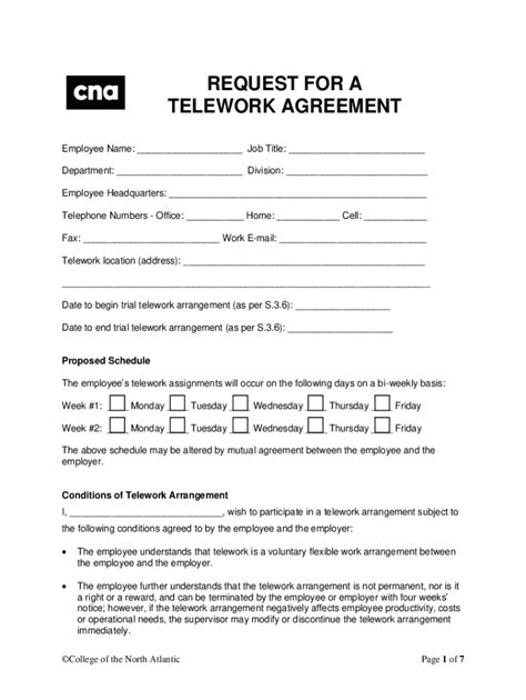 Fillable Online Request For A Telework Agreement Fax Email Print