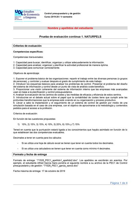 Pec Naturpels Enunciado Control Presupuestario Y De Gesti N Uoc